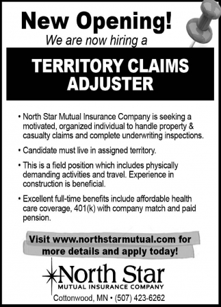 Territory Claims Adjuster North Star Mutual Insurance Company Cottonwood Mn