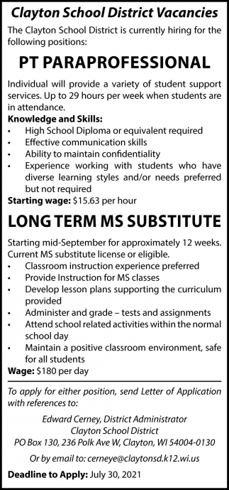 Pt Paraprofessional Clayton School District Clayton Wi