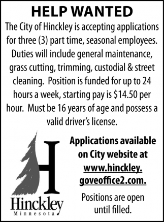 Three Part Time Seasonal Employees, City Of Hinckley, Hinckley, MN