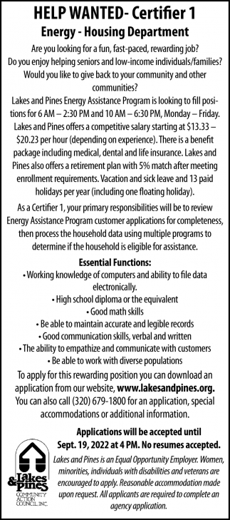 Help Wanted - Certifier 1 , Lakes & Pines Community Action Council, Inc., Mora, MN