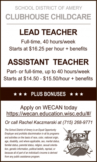 Lead Teacher Assistant Teacher, School District Of Amery, Amery, WI