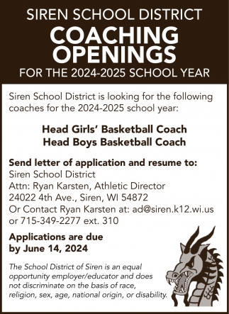 Coaching Openings, Siren School District, Siren, WI