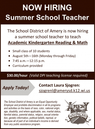 Summer School Teacher, School District Of Amery, Amery, WI