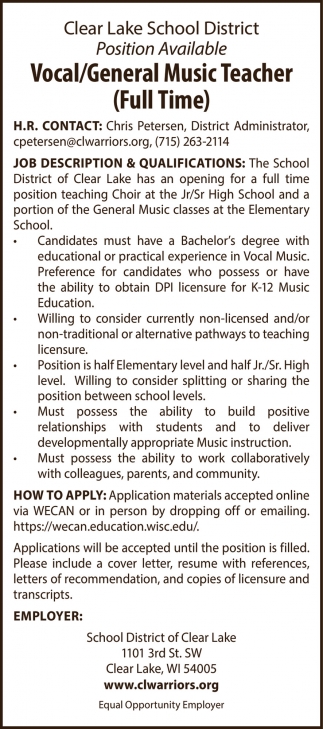 Vocal / General Music Teacher, Clear Lake School District, Clear 