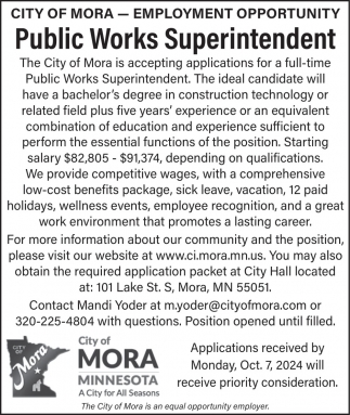 Public Works Superintendent, City of Mora, Mora, MN