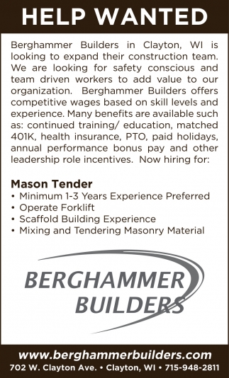 Mason Tender, Berghammer Builders, Clayton, WI