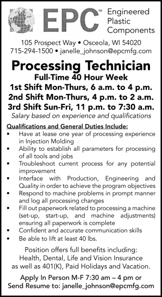 Processing Technician Full Time