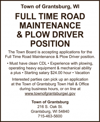 Full Time Road Maintenance & Plow Driver Position
