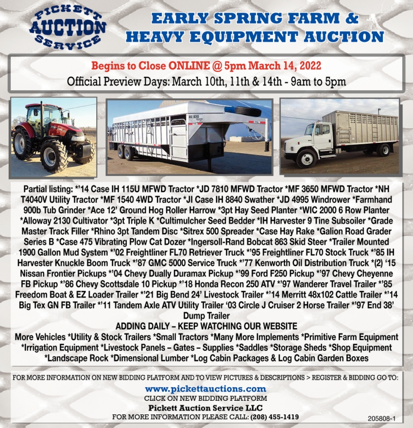 Early Spring Farm & Heavy Equipment Auction, Pickett Auction Service