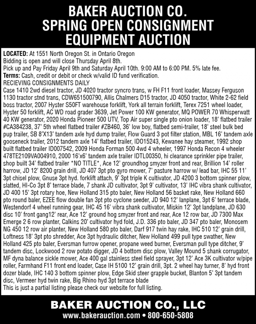Spring Open Cosignment Equipment Auction