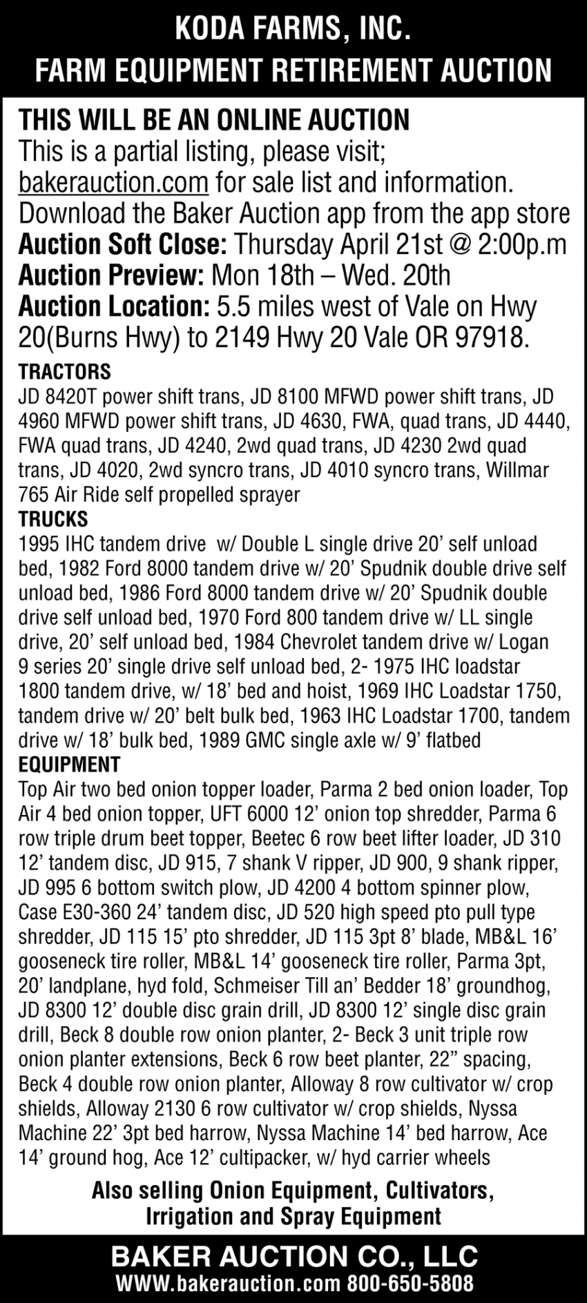 Koda Farm,s Inc Farm Retirement Auction