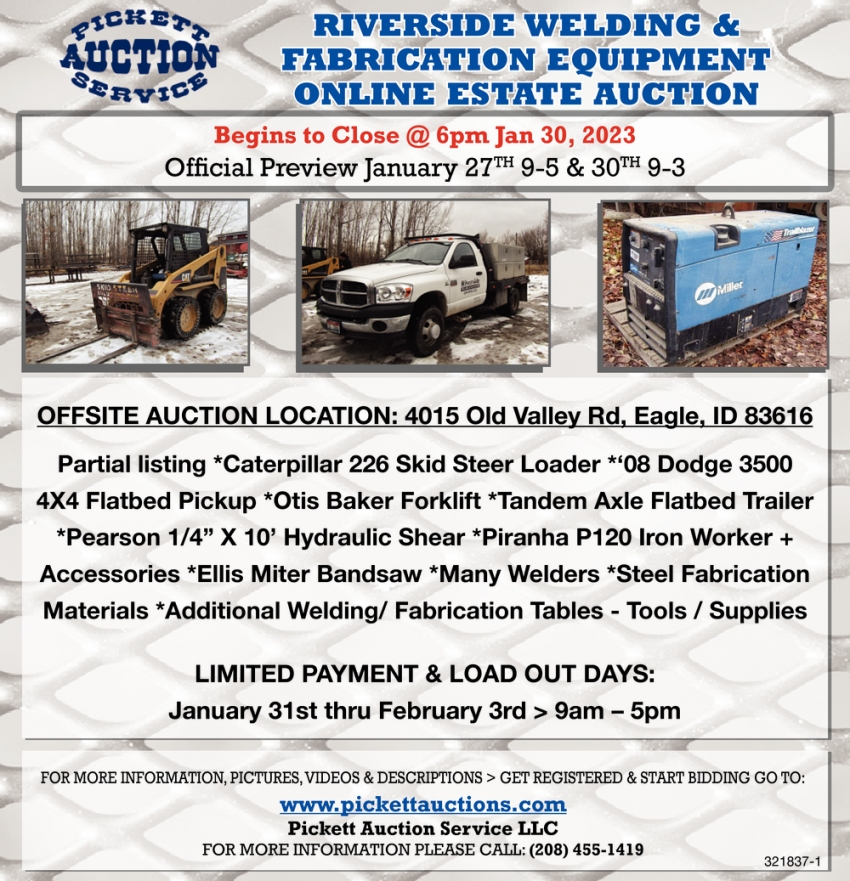 Riverside Welding & Fabrication Equipment Online Estate Auction