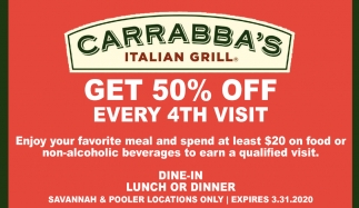 Get 50% off every 4th visit, Carrabba's Italian Grill - Savannah