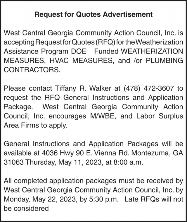 Request for Quotes Advertisement, West Central Georgia Community Action Council, Inc.