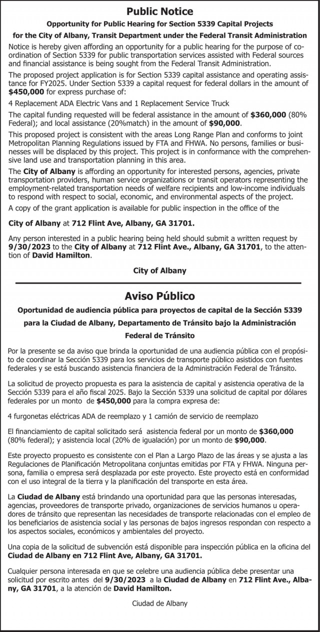 Public Notice, City of Albany Georgia, Albany, GA