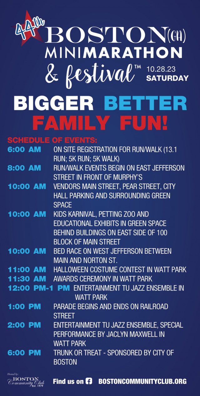 Bigger Better Family Fun!, 44th Boston (GA) Minimarathon & Festival