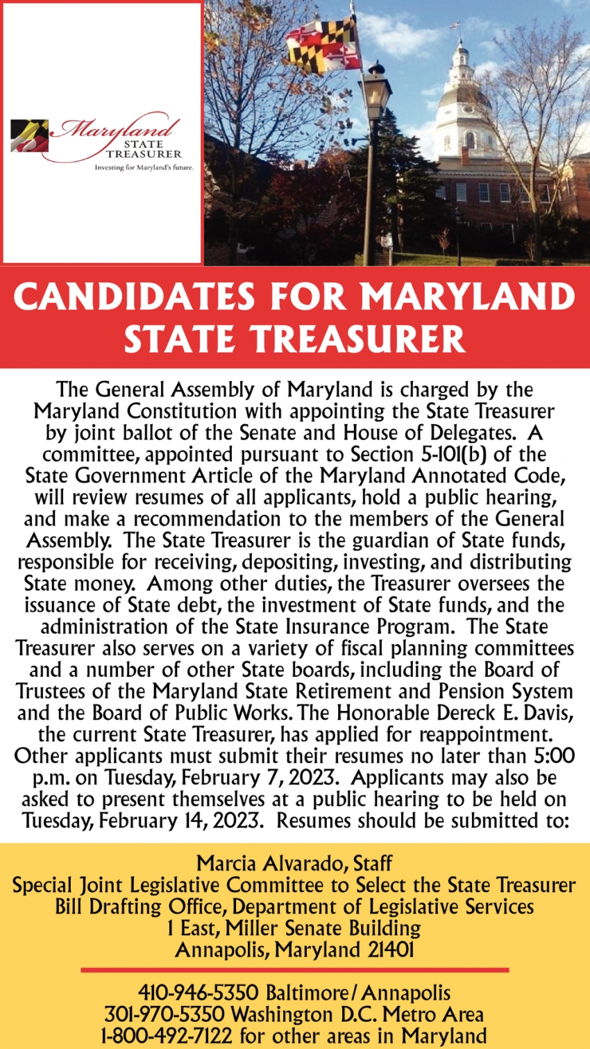 Candidates For Maryland State Treasurer