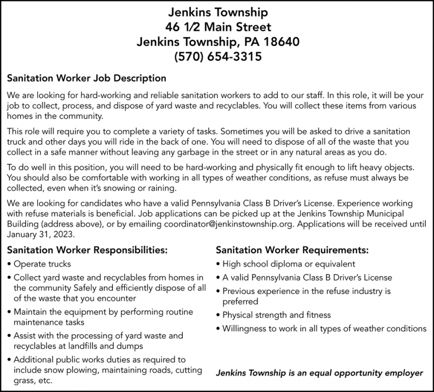 Sanitation Worker Job Description Jenkins Township