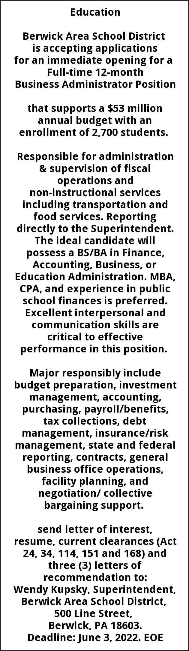 Business Administrator Position