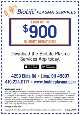 Earn Up To 900 In Eight Donations, BioLife Plasma Services, Lima, OH