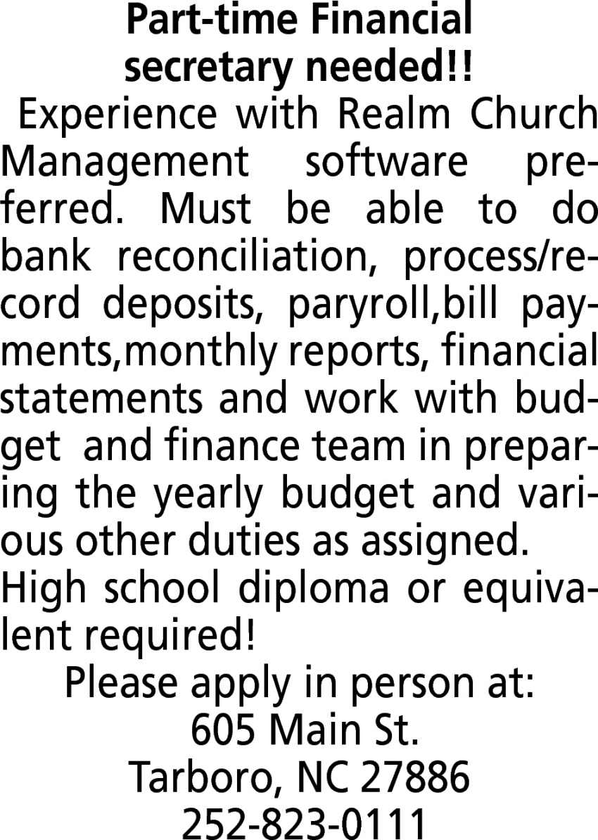 Part Time Financial Secretary Realm Church Management