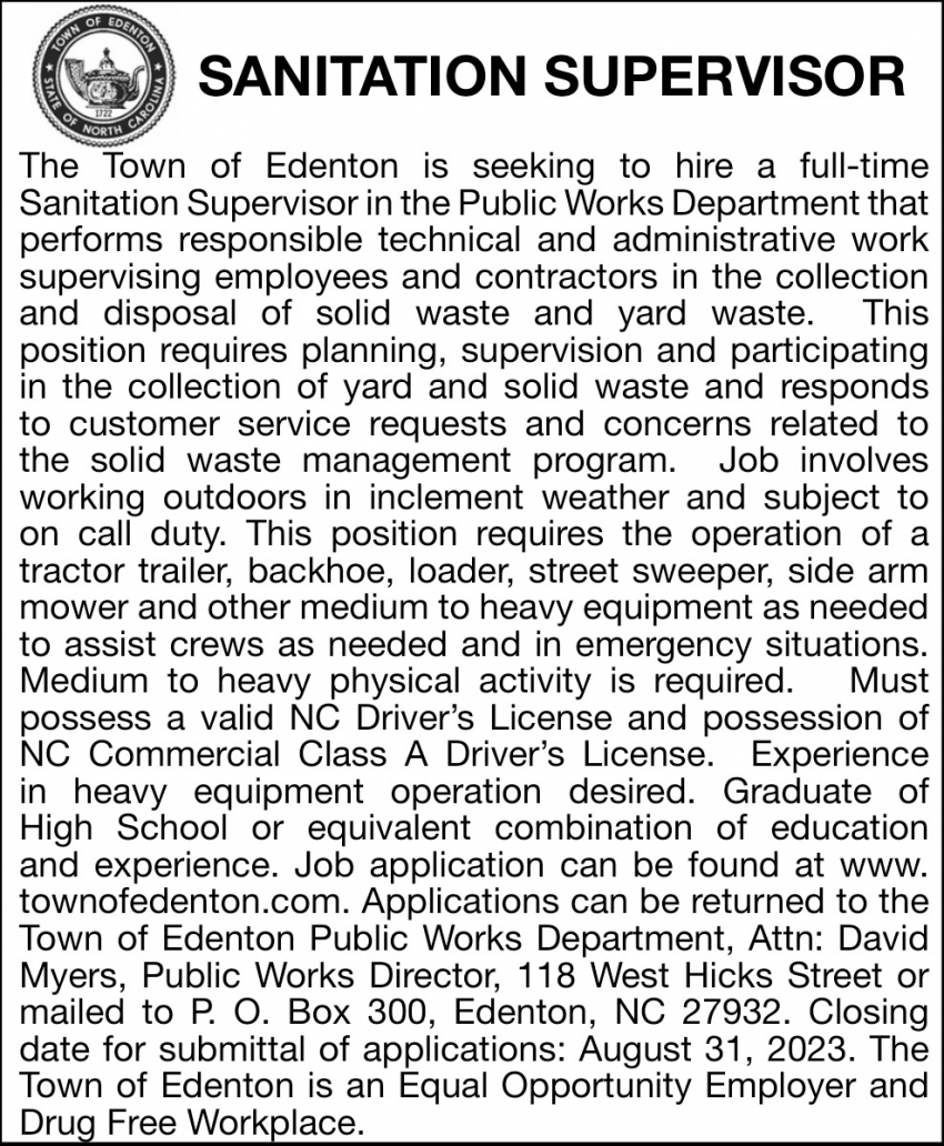Sanitation Supervisor, Town Of Edenton, Edenton, NC