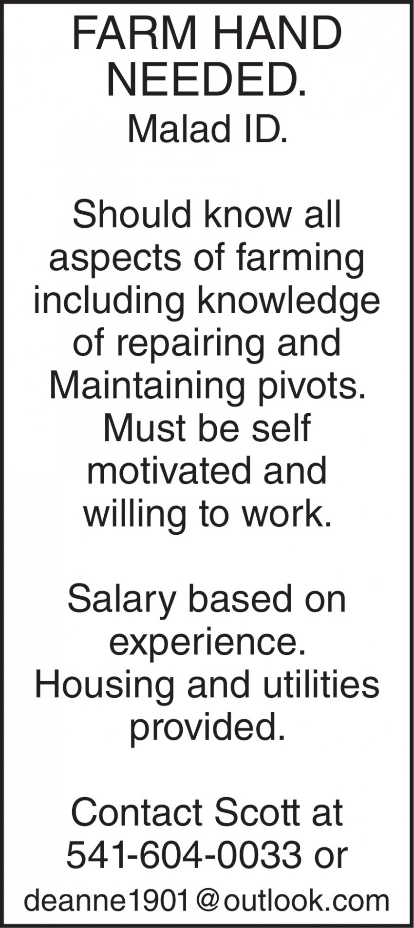 Farm Hand Needed