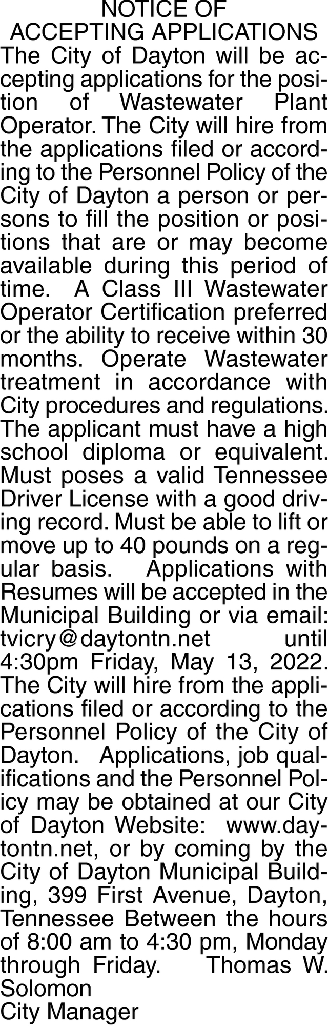 Wastewater Plant Operator