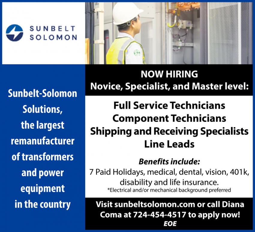 Full Service Technicians, Component Technicians, Shipping and Receiving Specialists & Line Leads