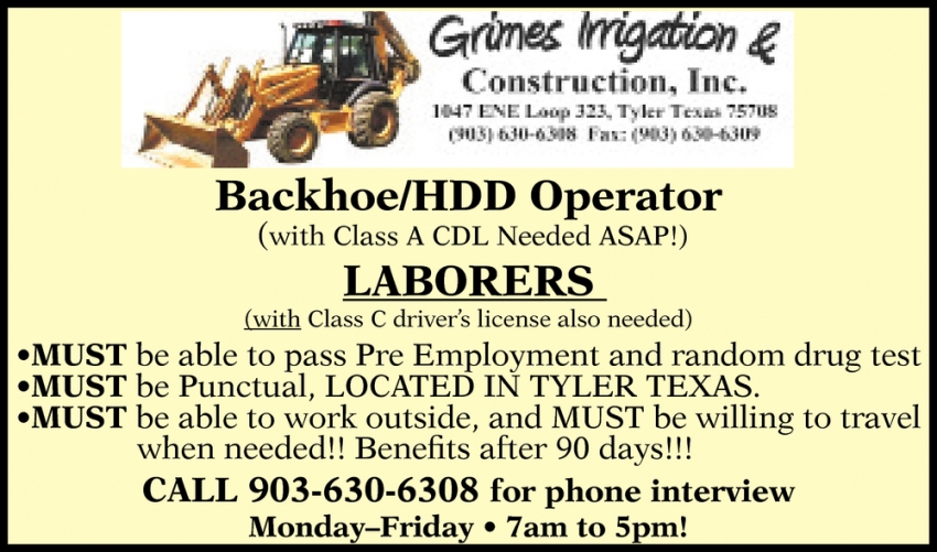 Backhoe/HDD Operator Laborers, Grimes Irrigation & Construction, Inc