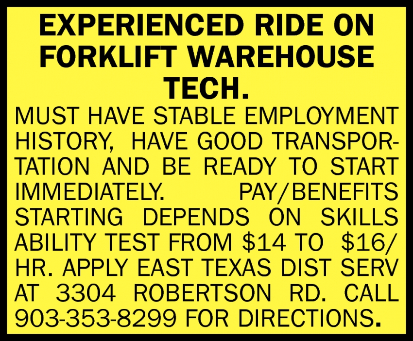 Experienced Ride On Forklift Warehouse Tech., 9033538299