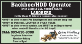 Backhoe / HDD Operator & Laborers