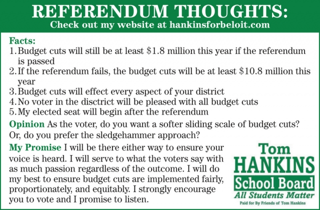 Referendum Thoughts, Tom Hankins School Board, Beloit, WI