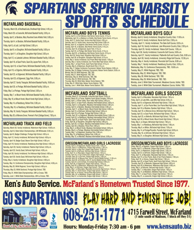 Sports Schedule, Ken's Automotive Services, Mcfarland, WI