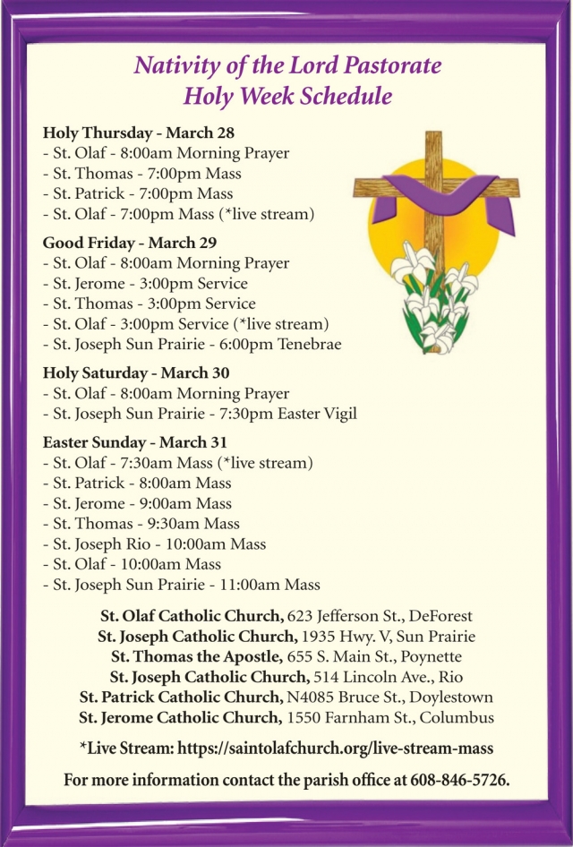 Holy Week Schedule, St. Olaf Catholic Church - St Joseph Catholic Church, De Forest, WI