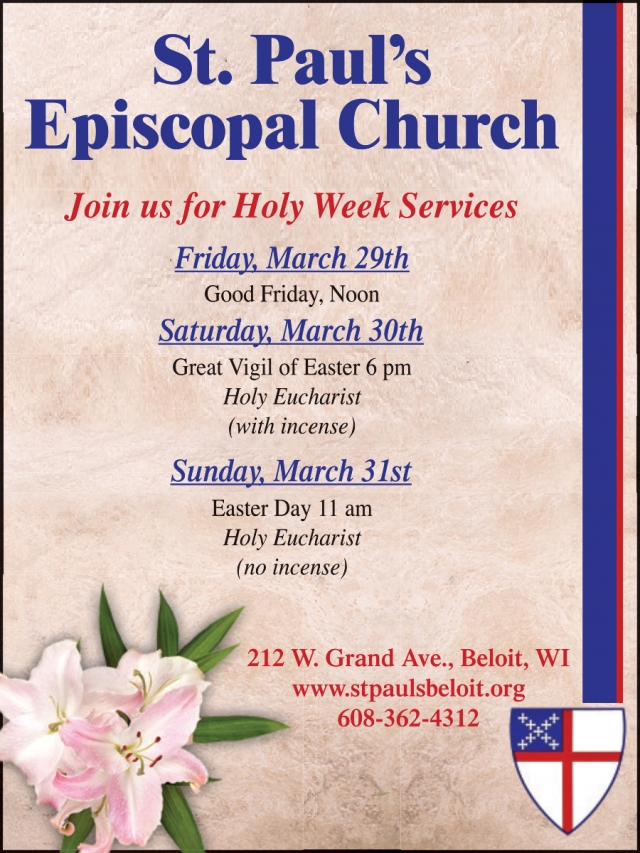 Join Us For Holy Week Services, St. Paul's Episcopal Church, Watertown, WI