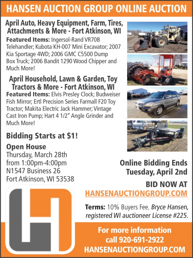 Hansen Auction Group Online Auction, Hansen Auction Group, Downing, WI