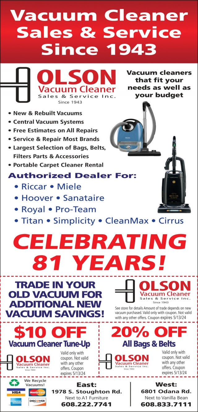 Vacuum Cleaner Sales & Service Since 1943, Olson's Vacuum Sales & Service, Inc, Madison, WI