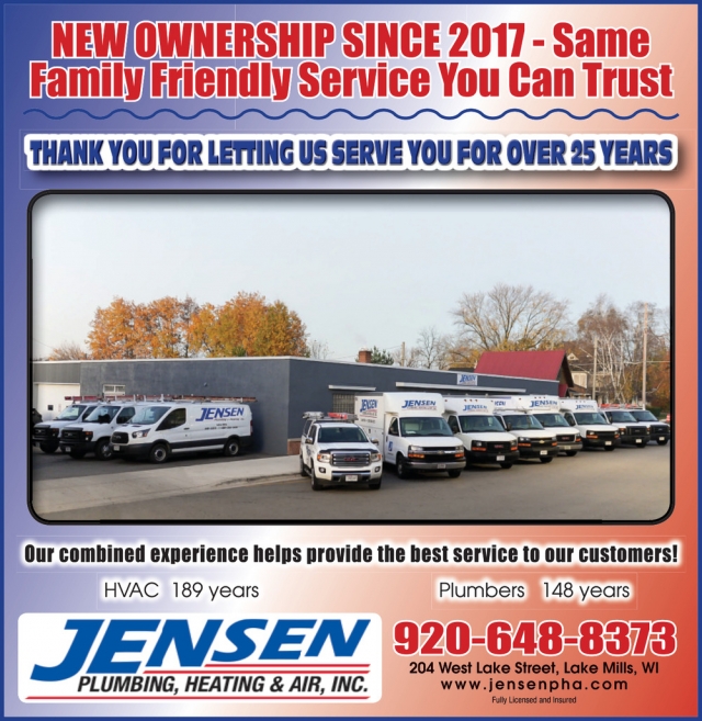 New Ownership Since 2017, Jensen Plumbing, Heating & Air, Inc, Lake Mills, WI