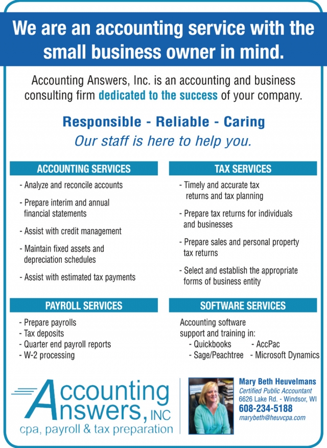 Accounting Services - Payroll Services - Software Services, Accounting Answers, Inc, Windsor, WI