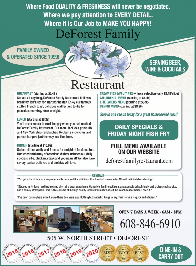 Daily Specials & Friday Night Fish Fry, DeForest Family Restaurant, De Forest, WI