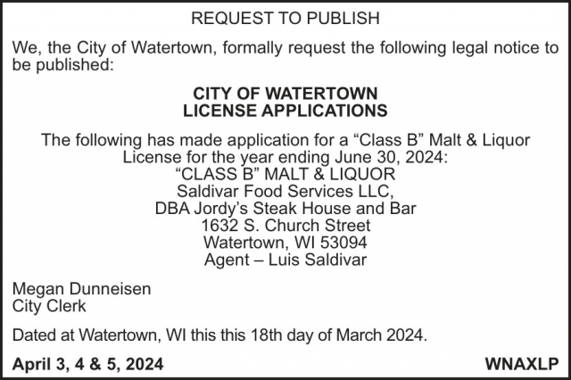 Request to Publish, City Of Watertown, Watertown, WI