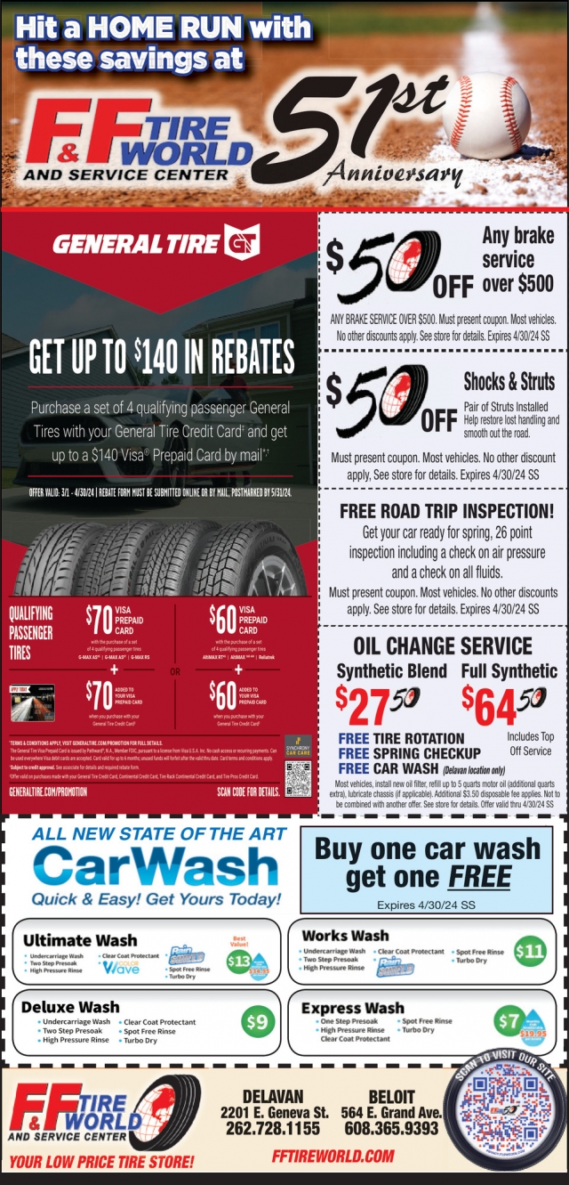 Hit A Home Run With These Savings, F&F Tire Service Inc., Delavan, WI