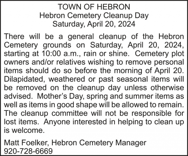 Hebron Cemetery Cleanup Day, Town of Hebron, Fort Atkinson, WI