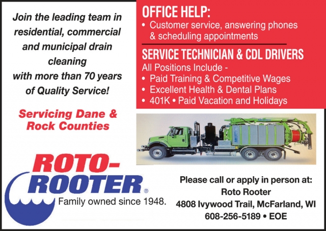 Servicing Dane & Rock Counties, Roto-Rooter - Mcfarland