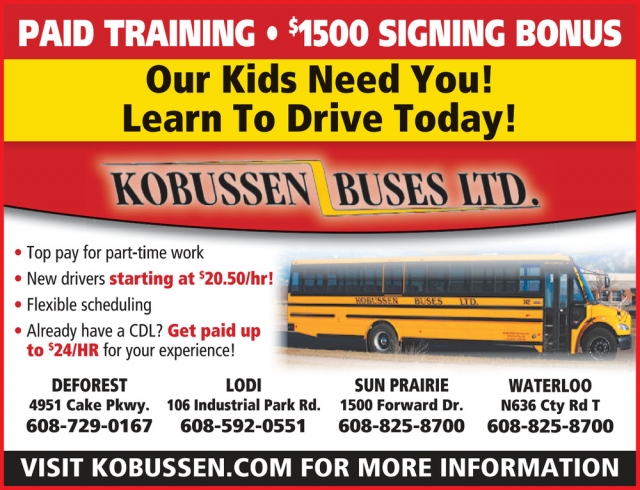 Paid Training, Kobussen Buses, Ltd - Sun Prairie, Sun Prairie, WI