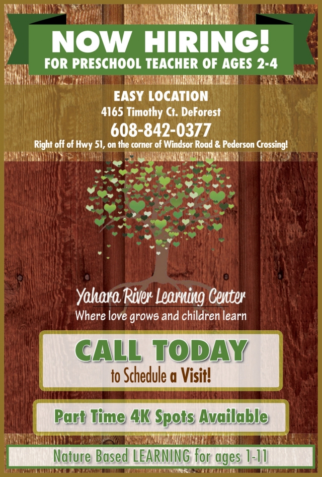Now Hiring!, Yahara River Learning Center, De Forest, WI