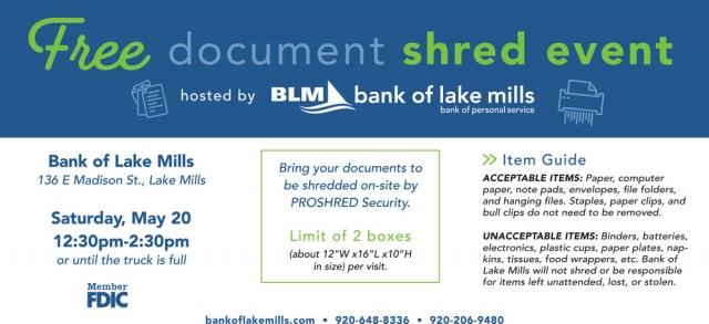 Free Document Shred Event, Bank of Lake Mills, Lake Mills, WI