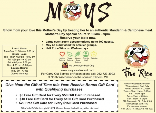 Show Mom Your Love This Mother's Day, Moy's Restaurant, Elkhorn, WI