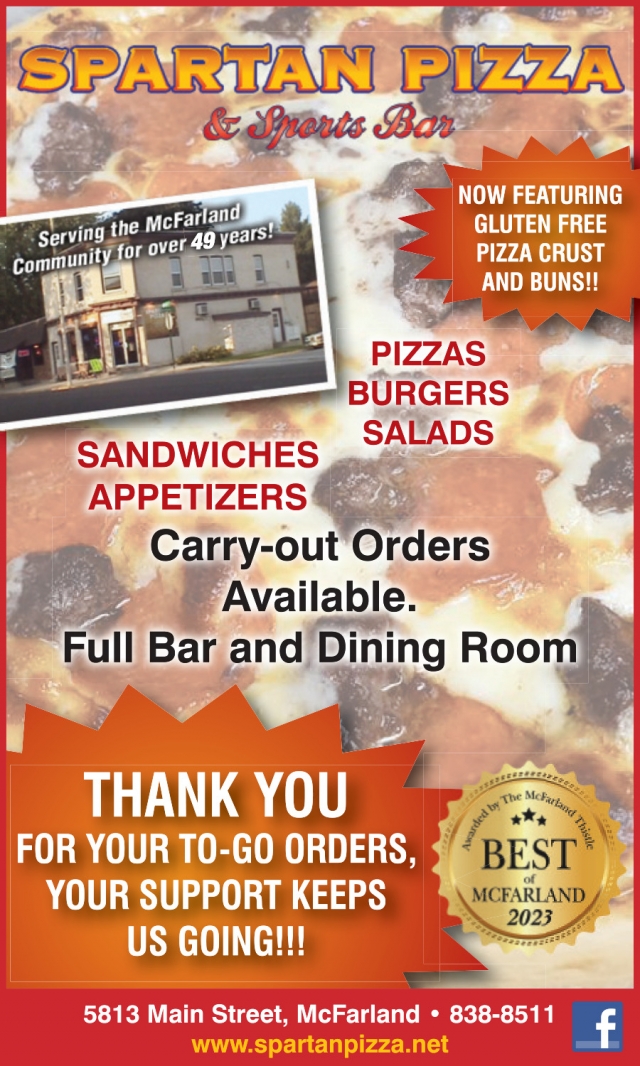 Carry Out Orders Available, Spartan Pizza & Sports Bar, Mcfarland, WI